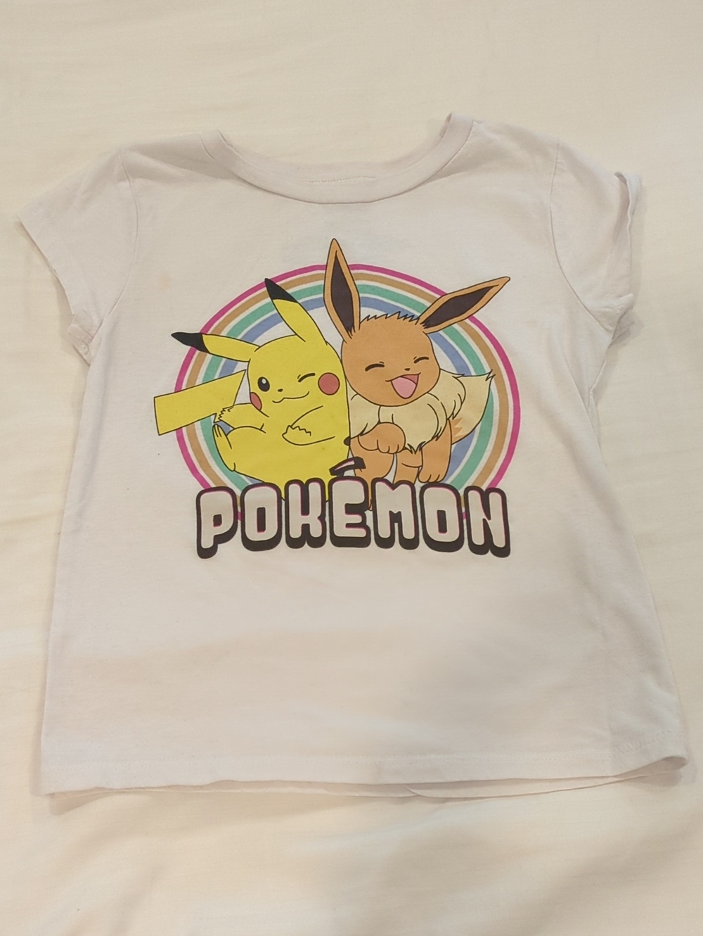 🩷 Pokemon White Tee with Pikachu & Eevee Rainbow Graphic